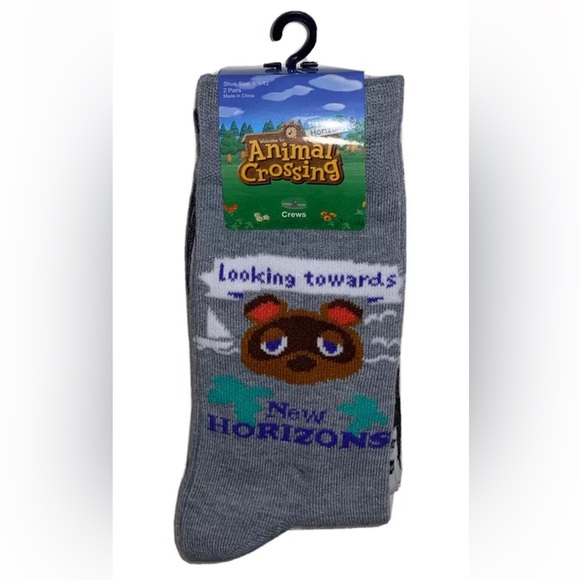 Animal Crossing New Horizons Crew Socks 2 Pair Men 6.5-12 Gray w Nook Slider NES - Picture 1 of 11